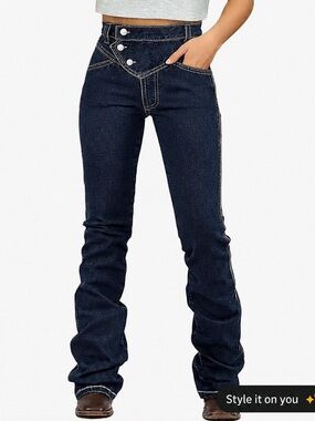 Flamingals High-Rise Dark Blue Bootcut 3 Button Design Jeans Size Large NWT
